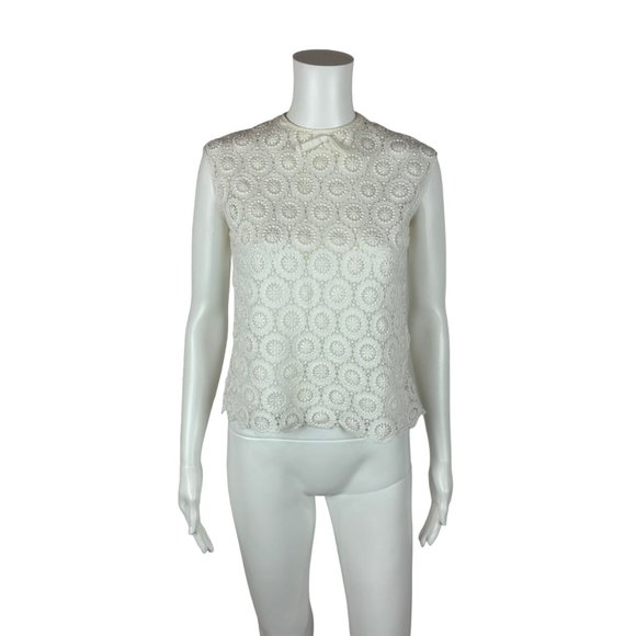 Vintage 50s Lace Blouse Women's Medium White Bow Neck Button Back Sleeveless